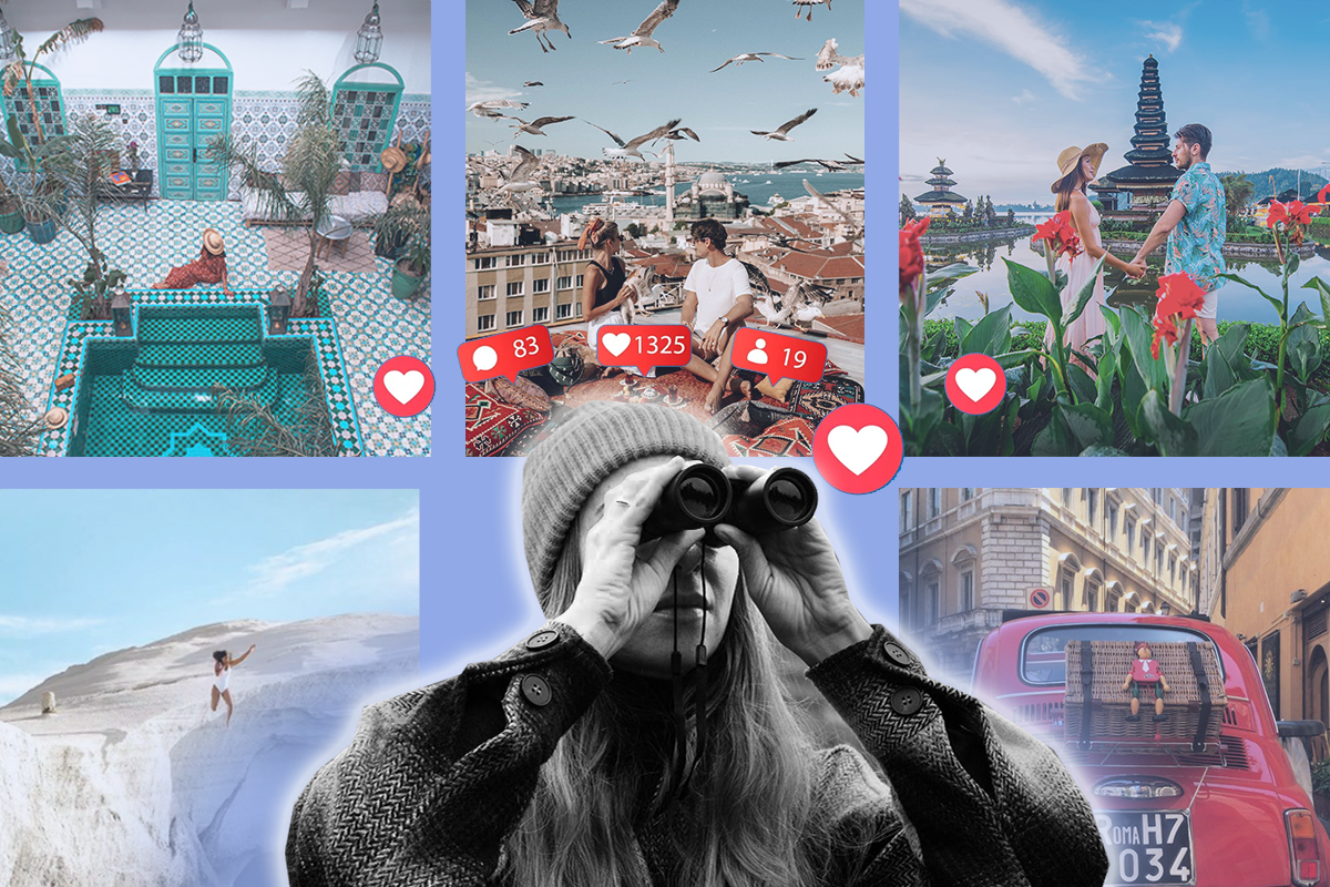 Destination Influencer Marketing opening image. Showing young girl in a beanie looking through binoculars with destination images in background and hearts coming from her head showing social actions of likes.